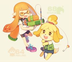 Rule 34 | 2girls, animal crossing, animal ears, bell, bike shorts, black shorts, blonde hair, blunt bangs, blush, blush stickers, dog, dog ears, dog girl, dog tail, fang, fangs, furry, furry female, hair ornament, hair slicked back, inkling, inkling girl, inkling player character, isabelle (animal crossing), long hair, looking at viewer, multiple girls, nintendo, open mouth, pointy ears, shirt, shoes, shorts, simple background, single vertical stripe, skirt, smile, sneakers, splatoon (series), splatoon 1, splattershot (splatoon), super smash bros., t-shirt, tail, tentacle hair, topknot, wusagi2