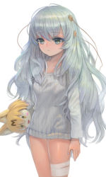 Rule 34 | 1girl, bandaged leg, bandages, blue eyes, bottomless, character doll, commentary request, cowboy shot, dokomon, doll, expressionless, girls&#039; frontline, holding, holding doll, kemono friends, korean commentary, long hair, long sleeves, ribbed sweater, ribeyrolles (girls&#039; frontline), serval (kemono friends), silver hair, solo, sweater, white background