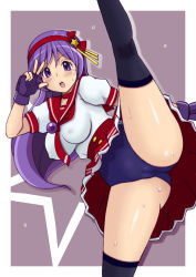 Rule 34 | 1girl, asamiya athena, black thighhighs, blush, border, breasts, cameltoe, choker, covered erect nipples, female focus, fingerless gloves, gloves, hair ornament, hairband, hand up, high kick, kicking, large breasts, long hair, looking at viewer, matching hair/eyes, necktie, open mouth, pleated skirt, purple background, purple eyes, purple gloves, purple hair, red necktie, red skirt, shiny skin, shirt, short sleeves, simple background, skirt, snk, solo, split, spread legs, standing, standing on one leg, star (symbol), sweat, teeth, the king of fighters, the king of fighters xiv, thighhighs, tsumitani daisuke, upskirt, w, white border, white shirt
