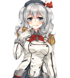 Rule 34 | 10s, 1girl, :p, ascot, breasts, epaulettes, female focus, finger to mouth, gloves, grey eyes, hat, kantai collection, kashima (kancolle), large breasts, long sleeves, looking at viewer, military, military uniform, pleated skirt, rinarisa, shirt, silver hair, skirt, solo, tareme, tongue, tongue out, twintails, uniform, white gloves