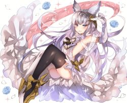 Rule 34 | 10s, 1girl, animal ears, asada sadao, bad id, bad twitter id, bare shoulders, black thighhighs, blue eyes, blush, breasts, cat ears, dress, elbow gloves, erune, gloves, granblue fantasy, hair ornament, korwa, long hair, open mouth, quill, silver hair, smile, solo, thighhighs, white gloves, white thighhighs
