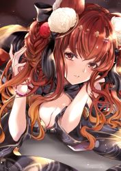 Rule 34 | 1girl, animal ears, anthuria, bare shoulders, bead bracelet, beads, black kimono, blush, bracelet, breasts, cleavage, cleavage cutout, clothing cutout, detached sleeves, dress, erune, flower, granblue fantasy, hair between eyes, hair flower, hair ornament, hands up, highres, japanese clothes, jewelry, kimono, large breasts, light particles, long hair, looking at viewer, parted lips, red eyes, red hair, smile, solo, soraneko hino, yukata