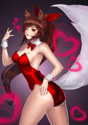 Rule 34 | 1girl, ;), absurdres, ahri (league of legends), alternate hairstyle, animal ears, armpits, ass, bare legs, bare shoulders, bow, bowtie, breasts, brown hair, cleavage, covered erect nipples, cowboy shot, detached collar, facial mark, fingernails, fox ears, fox girl, fox tail, from side, hair ribbon, heart, highres, karmiel, large breasts, league of legends, leotard, long fingernails, long hair, looking at viewer, looking to the side, nail polish, nontraditional playboy bunny, one eye closed, parted lips, playboy bunny, rabbit girl, red bow, red bowtie, red eyes, red leotard, red nails, red ribbon, ribbon, sharp fingernails, sideboob, smile, solo, tail, very long hair, whisker markings, wrist cuffs