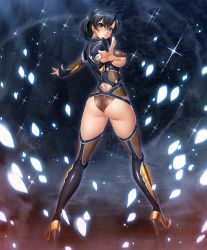 Rule 34 | 00s, 1girl, armor, ass, back, black footwear, black hair, black leotard, black thighhighs, blue eyes, blush, boots, breasts, closed mouth, covered erect nipples, earrings, embarrassed, fingernails, fishnets, foreshortening, full body, fuuma tokiko, gloves, glowing, hair between eyes, hair over shoulder, head tilt, high heel boots, high heels, high ponytail, highleg, highleg leotard, highres, hoop earrings, jewelry, kagami hirotaka, kneepits, large breasts, legs apart, leotard, light smile, lilith-soft, long fingernails, long legs, long sleeves, looking at viewer, looking back, motion blur, ninja, official art, outstretched arms, parted bangs, partially fingerless gloves, puffy nipples, pussy juice, raised eyebrows, reaching, see-through, shiny clothes, shiny skin, sideboob, skin tight, smile, solo, sparkle, spread arms, standing, sweat, taimanin (series), taimanin asagi, taimanin asagi kessen arena, thigh boots, thighhighs, thighs, turtleneck, twisted torso, underboob