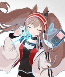 Rule 34 | 1girl, angelina (arknights), animal ears, arknights, arm at side, black shirt, black shorts, blush, brown hair, closed eyes, closed mouth, collarbone, cowboy shot, digital media player, earbuds, earphones, facing viewer, floating, floating hair, fox ears, fox girl, hairband, hand up, highres, holding, holding earphones, infection monitor (arknights), ipod, jacket, long hair, long sleeves, okaru4765857, open clothes, open jacket, red hairband, shirt, shorts, sidelocks, simple background, smile, solo, striped clothes, striped jacket, twintails, white background, white jacket