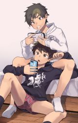 Rule 34 | 2boys, blue boxers, bottomless, boxer shorts, boxers, brown eyes, brown hair, highres, male focus, male underwear, mobile phone, multiple boys, red boxers, socks, steelwire, torax, underwear