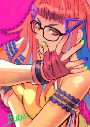 Rule 34 | 1girl, armband, black eyebrows, blue hair, brown eyes, burning isaka, commentary request, fatal fury, fatal fury: city of the wolves, fingerless gloves, glasses, gloves, highres, multicolored hair, multicolored nails, nail polish, pink hair, preecha (fatal fury), purple armband, smile, solo, tank top, triangle hair ornament, two-tone hair, upper body, yellow tank top
