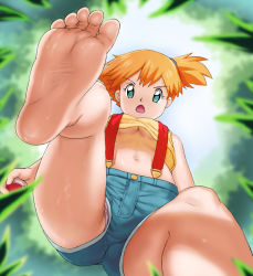 Rule 34 | 1girl, ass, barefoot, blue eyes, breasts, creatures (company), feet, foot focus, forest, from below, game freak, legs, looking down, misty (pokemon), nature, navel, nintendo, open mouth, orange hair, panties, pink panties, pogojo, poke ball, pokemon, pokemon (anime), ponytail, shorts, side ponytail, small breasts, soles, solo, suspenders, sweat, toes, underboob, underwear, upshorts