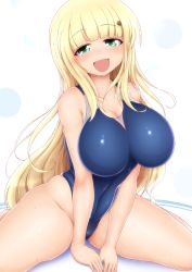 Rule 34 | 10s, 1girl, belly, blonde hair, competition swimsuit, green eyes, highres, long hair, one-piece swimsuit, open mouth, ponponmaru, senran kagura, sitting, skindentation, solo, swimsuit, thick thighs, thighs, wariza, yomi (senran kagura)