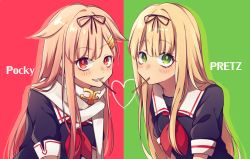 Rule 34 | 2girls, artist request, black ribbon, black serafuku, blonde hair, blush, breasts, commentary request, dual persona, food, food in mouth, green eyes, hair between eyes, hair flaps, hair ornament, hair ribbon, hairclip, highres, kantai collection, looking at viewer, multiple girls, neckerchief, open mouth, pocky, pretz, pretz in mouth, red eyes, red neckerchief, ribbon, scarf, school uniform, serafuku, short sleeves, teeth, white scarf, yuudachi (kancolle)