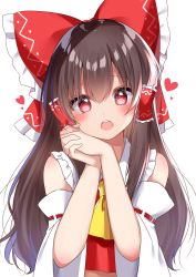 Rule 34 | 1girl, ascot, bad id, bad pixiv id, blush, bow, brown hair, chestnut mouth, commentary request, detached sleeves, frills, hair between eyes, hair bow, hair tubes, hakurei reimu, hand on own cheek, hand on own face, heart, heart-shaped pupils, highres, long hair, looking at viewer, open mouth, own hands clasped, own hands together, red bow, red eyes, red vest, ribbon-trimmed sleeves, ribbon trim, shinonome asu, sidelocks, simple background, solo, symbol-shaped pupils, teeth, touhou, upper body, upper teeth only, vest, white background, wide sleeves, yellow ascot