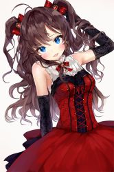Rule 34 | 1girl, :3, arm up, black gloves, blue eyes, blush, bow, brown hair, dress, elbow gloves, gloves, hair bow, hand in own hair, ichinose shiki, idolmaster, idolmaster cinderella girls, liby (libtnvd), long hair, looking at viewer, parted lips, red bow, red dress, short hair with long locks, simple background, smile, solo, two side up, wavy hair, white background
