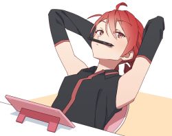 Rule 34 | 1girl, ahoge, arms behind head, arms up, black shirt, black sleeves, commentary, detached sleeves, highres, kasane teto, leaning back, looking at viewer, looking to the side, pencil as mustache, red eyes, red hair, shirt, short hair, sitting, sleeveless, sleeveless shirt, solo, stylus, tablet pc, upper body, utau, yasutange