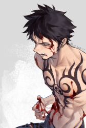 Rule 34 | 1boy, arm tattoo, black hair, blood, blood on body, chest tattoo, earrings, facial hair, finger tattoo, hand tattoo, highres, jewelry, long sideburns, male focus, one piece, panther print, pants, short hair, sideburns, tattoo, trafalgar law, xuchuan, yellow eyes