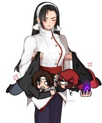 Rule 34 | 1girl, 2boys, anger vein, angry, chibi, clenched hands, clenched teeth, earrings, closed eyes, fighting, fire, gakuran, grabbing another&#039;s hair, hachimaki, hair over one eye, headband, highres, jewelry, kagura chizuru, kusanagi kyou, long hair, multiple boys, open mouth, red hair, school uniform, soarer, sweatdrop, teeth, the king of fighters, yagami iori