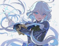 Rule 34 | 1girl, ahoge, ascot, asymmetrical gloves, black gloves, blue ascot, blue bow, blue eyes, blue jacket, blue pupils, bow, crying, crying with eyes open, cutting hair, dagger, floating hair, furina (genshin impact), genshin impact, gloves, hair intakes, highres, holding, holding dagger, holding knife, holding own hair, holding weapon, jacket, knife, long hair, mismatched gloves, open mouth, shima (vivi do), simple background, solo, sparkle, tears, upper body, weapon, white background, white gloves, white hair