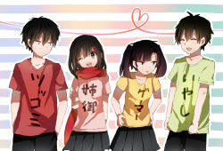 Rule 34 | 2boys, 2girls, ^ ^, black hair, black pants, black skirt, brown hair, chestnut mouth, closed eyes, collarbone, green shirt, grey pants, grey skirt, hair ornament, hairclip, hand in pocket, hands on own hips, heart, heart of string, jealous, kagerou project, kisaragi shintarou, looking to the side, mekakucity actors, multiple boys, multiple girls, one eye closed, open mouth, pants, red scarf, red shirt, samiya (samiyaan), scarf, shirt, short hair, short twintails, siblings, simple background, sisters, skirt, smile, string, striped, striped background, tateyama ayano, twintails, v, yellow shirt
