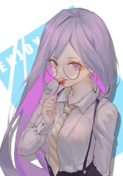 Rule 34 | 1girl, absurdres, blue background, brown necktie, candy, chinese commentary, collared shirt, colored inner hair, commentary request, food, glasses, hand up, highres, holding, holding candy, holding food, kami otona, lollipop, long hair, long sleeves, looking at viewer, multicolored hair, nail polish, necktie, original, parted lips, pink nails, purple eyes, purple hair, shirt, smile, solo, striped necktie, suspenders, two-tone background, upper body, white background, white shirt