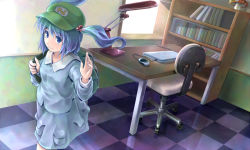 Rule 34 | 1girl, backpack, bad id, bad pixiv id, bag, chair, checkered floor, clothes writing, computer, contemporary, desk, eno (whiskeyne), female focus, floor, hair bobbles, hair ornament, hand up, kawashiro nitori, left-handed, shelf, solo, touhou, twintails, two side up