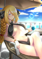 Rule 34 | 1girl, beach umbrella, bespectacled, black one-piece swimsuit, blonde hair, blue eyes, braid, breasts, chair, creatures (company), cynthia (pokemon), drink, game freak, glasses, hair ornament, hair over one eye, hair over shoulder, halterneck, highres, large breasts, lens flare, long hair, looking at viewer, lounge chair, nintendo, one-piece swimsuit, pokemon, pokemon dppt, railing, single braid, slingshot swimsuit, solo, swimsuit, table, takecha, umbrella, watch, wristwatch