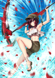 Rule 34 | 1girl, adsouto, alternate costume, armpits, arms up, belt, black hair, blue eyes, blush, brown hat, brown shorts, cabbie hat, crescent rose, cross, gradient hair, hat, high heels, highres, holding, holding weapon, leg up, midriff, multicolored hair, navel, petals, red hair, rose petals, ruby rose, rwby, scythe, shorts, smile, solo, stomach, toes, two-tone hair, weapon