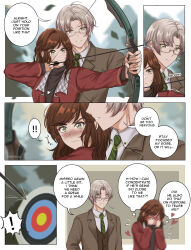 Rule 34 | 1boy, 1girl, archery, arrow (projectile), artist name, blurry, blurry background, blush, bow (weapon), brown hair, brown jacket, brown vest, comic, covering face, english text, glasses, green eyes, green necktie, heart, hetero, highres, holding, holding arrow, holding bow (weapon), holding weapon, jacket, long hair, long sleeves, necktie, nirvelia, outdoors, parted lips, red jacket, rosa (tears of themis), short hair, speech bubble, tears of themis, vest, vyn richter (tears of themis), weapon, white hair, yellow eyes