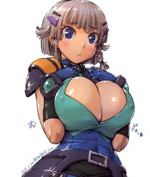 Rule 34 | 1girl, amania orz, blue eyes, braid, breasts, cleavage, cleavage cutout, clothing cutout, frown, gloves, hair ornament, hairclip, huge breasts, large breasts, seolla schweizer, short hair, side braid, silver hair, solo, super robot wars, super robot wars original generation, wide hips