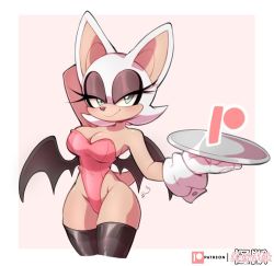 Rule 34 | 1girl, alternate costume, animal ears, animal nose, aqua eyes, arm behind head, arm up, artist name, bad id, bad twitter id, bare shoulders, bat ears, bat girl, bat wings, black thighhighs, border, breasts, cleavage, closed mouth, commentary, cropped legs, eyelashes, eyeshadow, foreshortening, furry, furry female, gloves, groin, half-closed eyes, hand up, happy, highleg, highleg leotard, highres, holding, kaijumilk (milkchaotea), large breasts, leotard, looking at viewer, low wings, makeup, mascara, narrow waist, outside border, patreon logo, patreon username, pink leotard, rouge the bat, shiny skin, short hair, signature, simple background, smile, solo, sonic (series), sonic adventure 2, sonic the hedgehog, standing, strapless, strapless leotard, symbol-only commentary, tail, thick thighs, thighhighs, thighs, watermark, white border, white gloves, white hair, wings