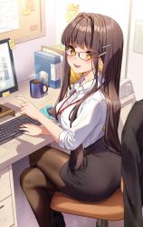 Rule 34 | 1girl, binder, black pantyhose, blush, brown hair, bulletin board, button gap, calendar (object), collared shirt, commentary, crossed legs, cup, desk, hair ornament, hairclip, highres, id card, keyboard (computer), lanyard, long hair, miniskirt, mole, mole under mouth, monitor, mouse (computer), mug, office, office lady, open mouth, original, pantyhose, papers, pointing, rosuuri, shirt, sidelocks, sitting, skirt, sleeves rolled up, sticky note, white shirt, yellow eyes