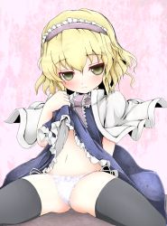 Rule 34 | 1girl, alice margatroid, blonde hair, capelet, clothes lift, dress, dress lift, female focus, green eyes, hairband, panties, shishigami (sunagimo), short hair, solo, thighhighs, touhou, underwear, yellow eyes