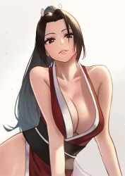 Rule 34 | 1girl, absurdres, bare arms, bare shoulders, breasts, brown eyes, brown hair, cleavage, collarbone, commentary request, cowboy shot, fatal fury, female focus, forehead, hara kenshi, high ponytail, highres, japanese clothes, kimono, large breasts, leaning forward, long hair, looking at viewer, matching hair/eyes, ninja, obi, parted lips, revealing clothes, sash, shiranui mai, simple background, sleeveless, sleeveless kimono, smile, snk, solo, the king of fighters, very long hair, white background