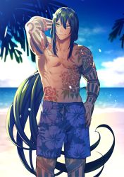 Rule 34 | 1boy, alternate costume, arm behind head, armpits, beach, bishounen, black hair, blue male swimwear, blue swim trunks, day, fate/grand order, fate (series), feet out of frame, floral print, floral swimsuit, green eyes, hand on own hip, hibiscus print, highres, male focus, male swimwear, muscular, ponytail, print male swimwear, print swim trunks, print swimsuit, shorts, swim trunks, swimsuit, syaofoo, tattoo, topless male, yan qing (fate)