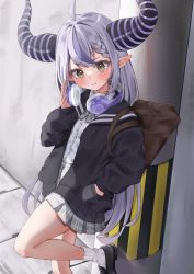 Rule 34 | 1girl, ahoge, alternate costume, bag, black footwear, black jacket, blouse, blush, braid, closed mouth, commentary request, contemporary, demon horns, grey skirt, hand in own hair, headphones, headphones around neck, highres, hololive, horns, jacket, la+ darknesss, loafers, long hair, looking at viewer, multicolored hair, open clothes, open jacket, plaid, plaid skirt, pleated skirt, pointy ears, purple hair, school uniform, shirt, shoes, silver hair, skirt, socks, solo, streaked hair, taro. (tataroro 1), very long hair, virtual youtuber, wavy mouth, white shirt, white socks, yellow eyes