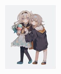 Rule 34 | 2girls, aged down, black jacket, blue eyes, brown jacket, closed mouth, cropped jacket, dress, firefly (honkai: star rail), food, full body, grey hair, highres, honkai: star rail, honkai (series), ice cream, inagoinaire, jacket, long hair, long sleeves, looking to the side, multiple girls, oversized clothes, shirt, short sleeves, simple background, standing, stelle (honkai: star rail), trailblazer (honkai: star rail), white background, white dress, white hair, white shirt, yellow eyes