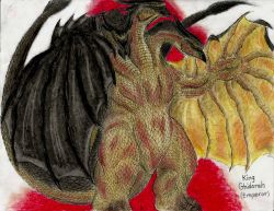 Rule 34 | absurdres, character name, claws, dragon, dragon horns, dragon tail, dragon wings, fangs, godzilla (series), highres, horns, huge filesize, kaijuu, king ghidorah, monster, monsterkingofkarmen, multiple heads, multiple tails, no humans, open mouth, red eyes, scales, sharp teeth, solo, solo focus, tail, teeth, traditional media, wings