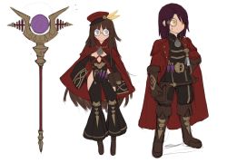 Rule 34 | 1boy, 1girl, absurdres, blue eyes, boots, breasts, brown footwear, brown gloves, brown hair, brown pants, brown shirt, cape, cleavage, feathers, glasses, gloves, hand on own hip, hat, highres, long hair, monocle, original, pants, purple hair, red cape, red hat, shirt, simple background, sketch, smile, sookmo, staff, white background, yellow eyes