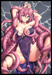Rule 34 | 1girl, arms up, bad id, bad pixiv id, blue eyes, breasts, dress, earrings, fish.boy, glasses, highres, jewelry, lying, medium breasts, no panties, noah fantasy, on back, pink hair, purple dress, smile, solo, spread legs, tentacle hair, tentacles, thighhighs, torn clothes, torn thighhighs
