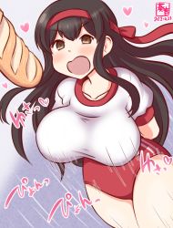 Rule 34 | 1girl, akagi (kancolle), alternate costume, arms behind back, artist logo, baguette, blue background, blush, bread, breasts, brown eyes, brown hair, buruma, collarbone, dated, food, gradient background, gym shirt, gym uniform, hair between eyes, headband, heart, kanon (kurogane knights), kantai collection, large breasts, long hair, one-hour drawing challenge, open mouth, red buruma, shirt, short sleeves, solo
