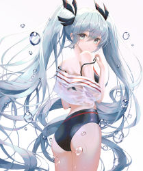 Rule 34 | 1girl, absurdres, ass, bare shoulders, bbeedol, bikini, black bikini, blue eyes, blue hair, breasts, cowboy shot, crop top, floating hair, hair between eyes, hair ribbon, hand up, hatsune miku, highres, huge filesize, long hair, looking at viewer, looking back, medium breasts, ribbon, see-through, shirt, short sleeves, sidelocks, simple background, solo, strap slip, swimsuit, twintails, very long hair, vocaloid, water drop, wet, wet clothes, wet shirt, white background, white shirt
