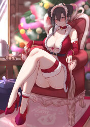 Rule 34 | 1girl, agent (girls&#039; frontline), bare shoulders, bell, belt, black hair, blush, breasts, chair, chinese commentary, christmas tree, collar, cookie, crossed legs, cup, double bun, dress, earrings, elbow gloves, food, gift, girls&#039; frontline, gloves, hair between eyes, hair bun, heart, high heels, highres, indoors, jewelry, large breasts, long hair, looking at viewer, maid headdress, nail polish, navel, neck bell, pink nails, plate, popoman, red dress, red eyes, red footwear, red gloves, revealing clothes, ring, sitting, sleeveless, sleeveless dress, solo, wedding ring
