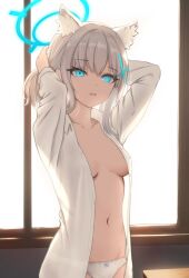 Rule 34 | 1girl, absurdres, adjusting hair, animal ear fluff, animal ears, aqua eyes, arms up, backlighting, blue archive, breasts, breasts apart, collarbone, extra ears, grey hair, halo, highres, indoors, looking at viewer, lpb, medium breasts, mismatched pupils, open clothes, open shirt, panties, see-through silhouette, shiroko (blue archive), shirt, solo, underwear, white panties, white shirt, window, wolf ears