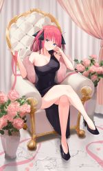 Rule 34 | 1girl, bare legs, black dress, black footwear, blue eyes, breasts, butterfly hair ornament, chair, cleavage, closed mouth, collarbone, crossed legs, curtains, dress, elbow rest, feather boa, flower, full body, go-toubun no hanayome, hair ornament, hand on own face, head tilt, high heels, highres, holding, holding ribbon, indoors, large breasts, legs, looking at viewer, marble floor, nakano nino, on chair, pink flower, pink hair, pink ribbon, plant, potted plant, profnote, ribbon, short hair, side slit, single-shoulder dress, single bare shoulder, sitting, sleeveless, sleeveless dress, smile, solo, vase
