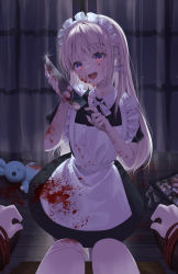 Rule 34 | 1girl, absurdres, alternate costume, apron, black dress, blonde hair, blood, blood on clothes, blood on face, blush, bow, braid, dress, enmaided, highres, holding, holding knife, knife, long hair, maid, maid apron, maid headdress, open mouth, original, puffy sleeves, red eyes, ribbon, short hair, short sleeves, smile, thighhighs, white apron, yandere, zuu 1730