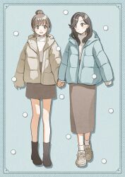 Rule 34 | 2girls, :d, ankle boots, ankle socks, black eyes, black footwear, black hair, blue background, blue coat, blush, boots, bright pupils, brown hair, brown skirt, closed mouth, coat, commentary request, expressionless, full body, grey coat, grey footwear, grey socks, hair bun, halftone, high-waist skirt, highres, holding hands, hood, hood down, hooded coat, long hair, long skirt, looking at another, multiple girls, nahara saki, open clothes, open coat, open mouth, original, puffy sleeves, shoes, short hair, skirt, sleeves past fingers, sleeves past wrists, smile, sneakers, snowing, socks, split mouth, standing, sweater, turtleneck, turtleneck sweater, white pupils, white sweater