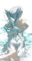 Rule 34 | 1girl, barefoot, from behind, glutton (18152740927lx), hatsune miku, highres, lying, on stomach, partially submerged, solo, the pose, twintails, vocaloid