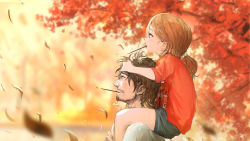 Rule 34 | 1boy, 1girl, absurdres, autumn, autumn leaves, beard, brown hair, carrying, commentary, facial hair, father and daughter, food, highres, leaf, light brown hair, low ponytail, mouth hold, mustache, original, piggyback, pocky, pocky day, profile, scrunchie, shorts, signature, sky, you shimizu