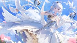 Rule 34 | bird, blue sky, cloud, dove, dress, drone, feathers, flower, frilled dress, frills, gold trim, halo, highres, liv: empyrea (wings of dawn) (punishing: gray raven), liv (punishing: gray raven), looking at viewer, non-web source, punishing: gray raven, ribbon, sky, smile, white dress, white hair, wings