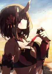Rule 34 | 1girl, absurdres, bikini, black bikini, black hair, black sleeves, breasts, broken horn, claw ring, cleavage, cleavage cutout, clothing cutout, commentary, demon girl, demon horns, detached sleeves, eriko (princess connect!), eriko (summer) (princess connect!), flower, hair flower, hair ornament, heart, highres, horns, large breasts, looking at viewer, looking to the side, momiji oroshi, o-ring, o-ring bikini, o-ring top, ocean, official alternate costume, princess connect!, red eyes, short hair, short sleeves, solo, swimsuit, test tube, upper body