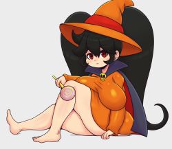 Rule 34 | 1girl, alternate costume, ashley (warioware), barefoot, big hair, black hair, breasts, breasts apart, candy, cape, closed mouth, dress, feet, female focus, food, grey background, hair between eyes, halloween costume, hat, holding, holding candy, holding food, holding lollipop, large breasts, lollipop, long hair, long sleeves, looking at viewer, mato spectoru, nintendo, orange dress, orange hat, red eyes, sidelocks, simple background, sitting, skull, solo, swirl lollipop, thick thighs, thighs, toes, twintails, very long hair, warioware, witch hat
