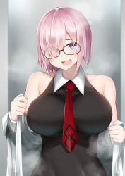 Rule 34 | 1girl, :d, bare shoulders, black dress, blush, breasts, commentary request, dress, eyes visible through hair, fate/grand order, fate (series), hair over one eye, highres, huge breasts, impossible clothes, impossible dress, kitajima yuuki, large breasts, light purple hair, looking at viewer, mash kyrielight, necktie, off-shoulder jacket, off shoulder, open mouth, purple eyes, red necktie, short hair, smile, solo, steam, steaming body